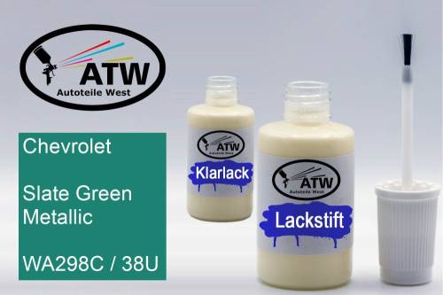 Chevrolet, Slate Green Metallic, WA298C / 38U: 20ml Lackstift + 20ml Klarlack - Set, von ATW Autoteile West.